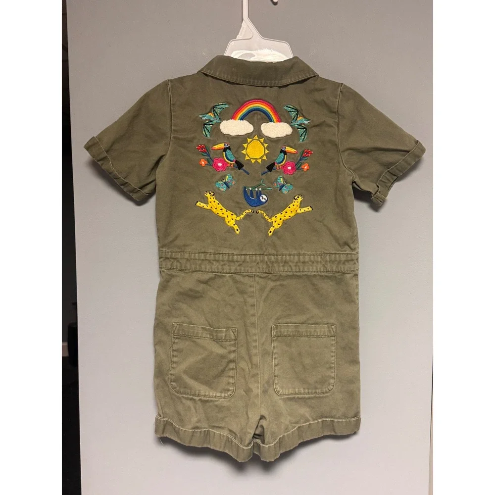 Hanna Andersson Kids Olive Green Jungle Utility Romper Embroidery Sx 120 US 6-7